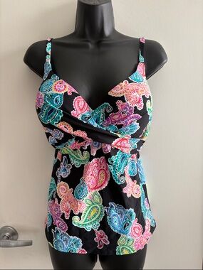 NWT Leilani Underwire Push-up  Black Paisley Gemini Tankini Swim Top SZ 14